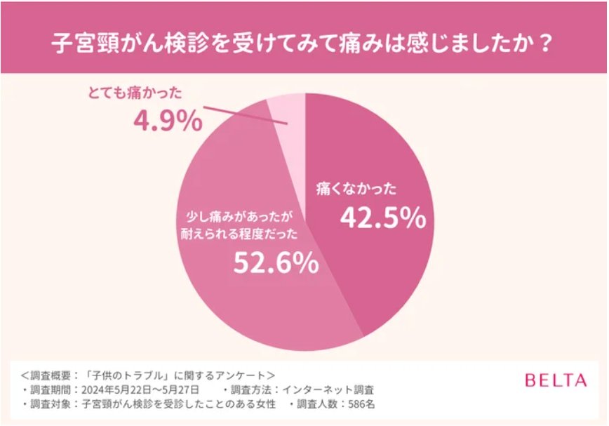 子宮頸がん検診の感想調査結果を示す円グラフ。52.6%が「少し痛みあったが耐えられる程度だった」、42.5%が「痛くなかった」、4.9%が「とても痛かった」と回答