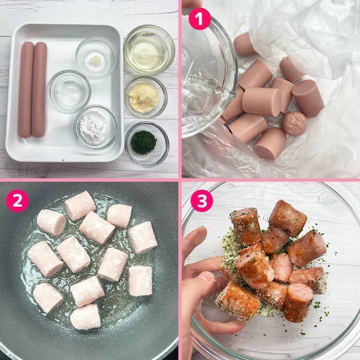 4コマ漫画。魚肉ソーセージを揚げて、調味料を混ぜて作るレシピのプロセス。