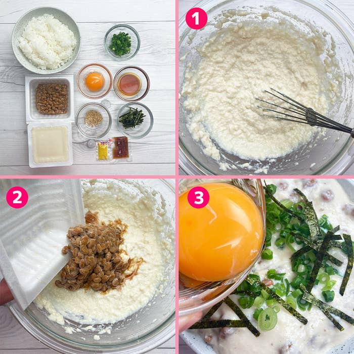 ガラスボウルと食材を使用した料理手順を示す4枚の画像。1. 混ぜた材料、2. 納豆を追加、3. 卵とネギ、海苔を追加。