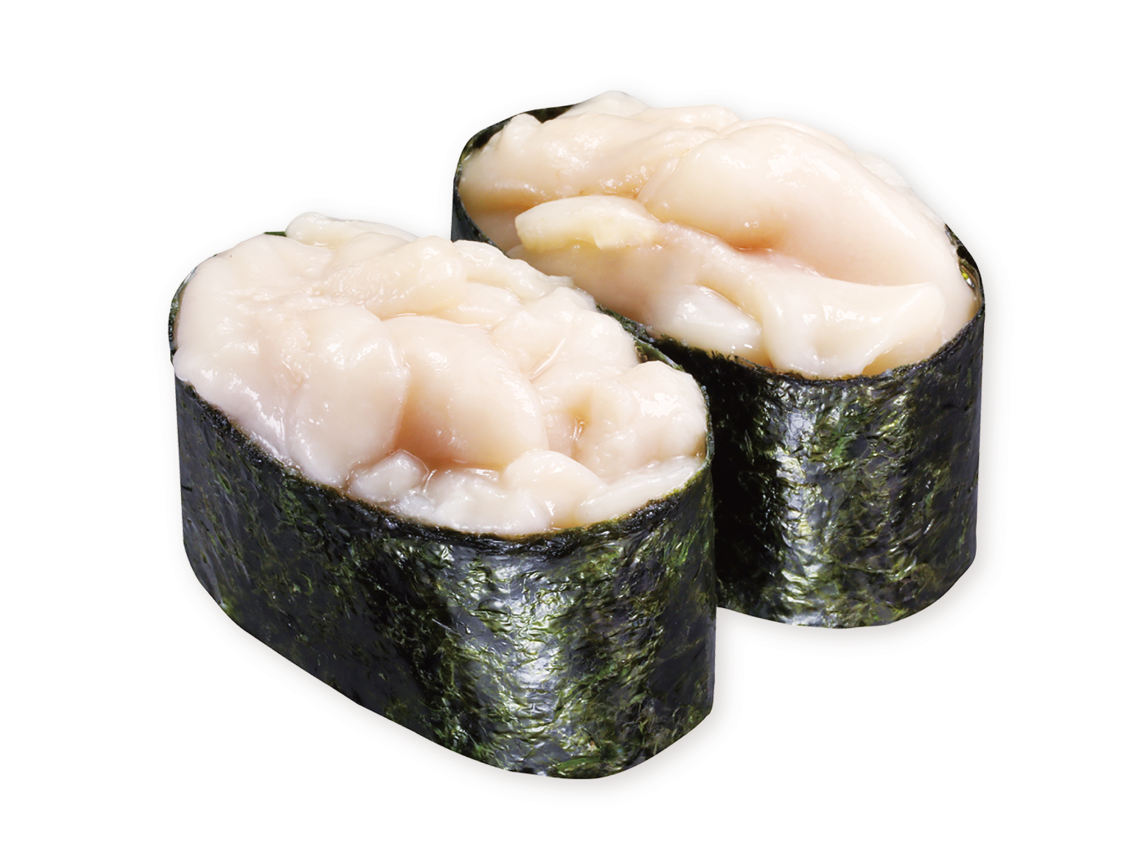 2つのホタテ寿司のにぎりが並べられた写真。