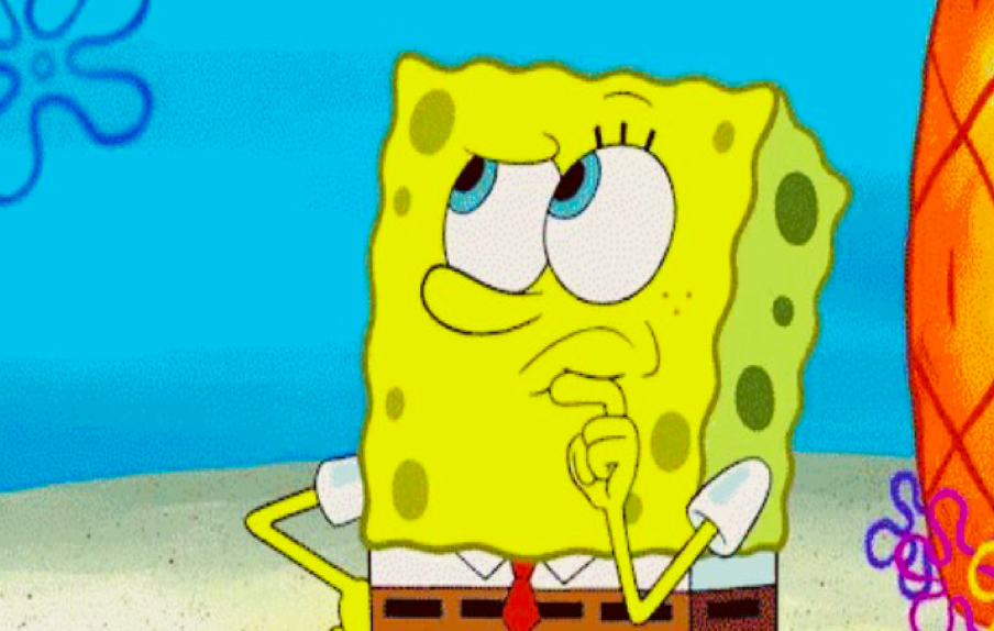 SpongeBob SquarePants is standing with a thoughtful expression, his hand on his chin, and an index finger resting on his lips