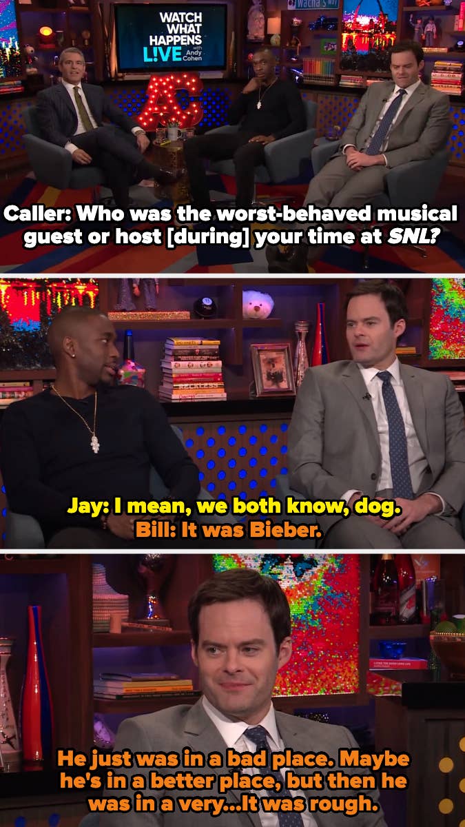 Jay Pharoah and Bill Hader on &quot;Watch What Happens Live&quot; show, discussing the worst-behaved musical guest on SNL. Hader mentions Justin Bieber as the worst