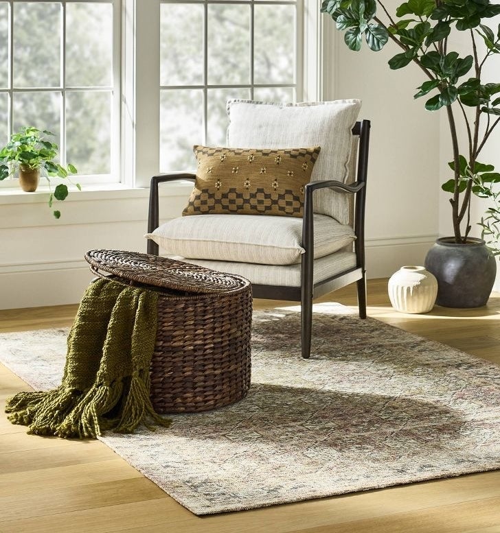 Sunlit cozy reading nook with a cushioned armchair, woven basket, green throw, potted plants, and a rug on wooden floor near large windows