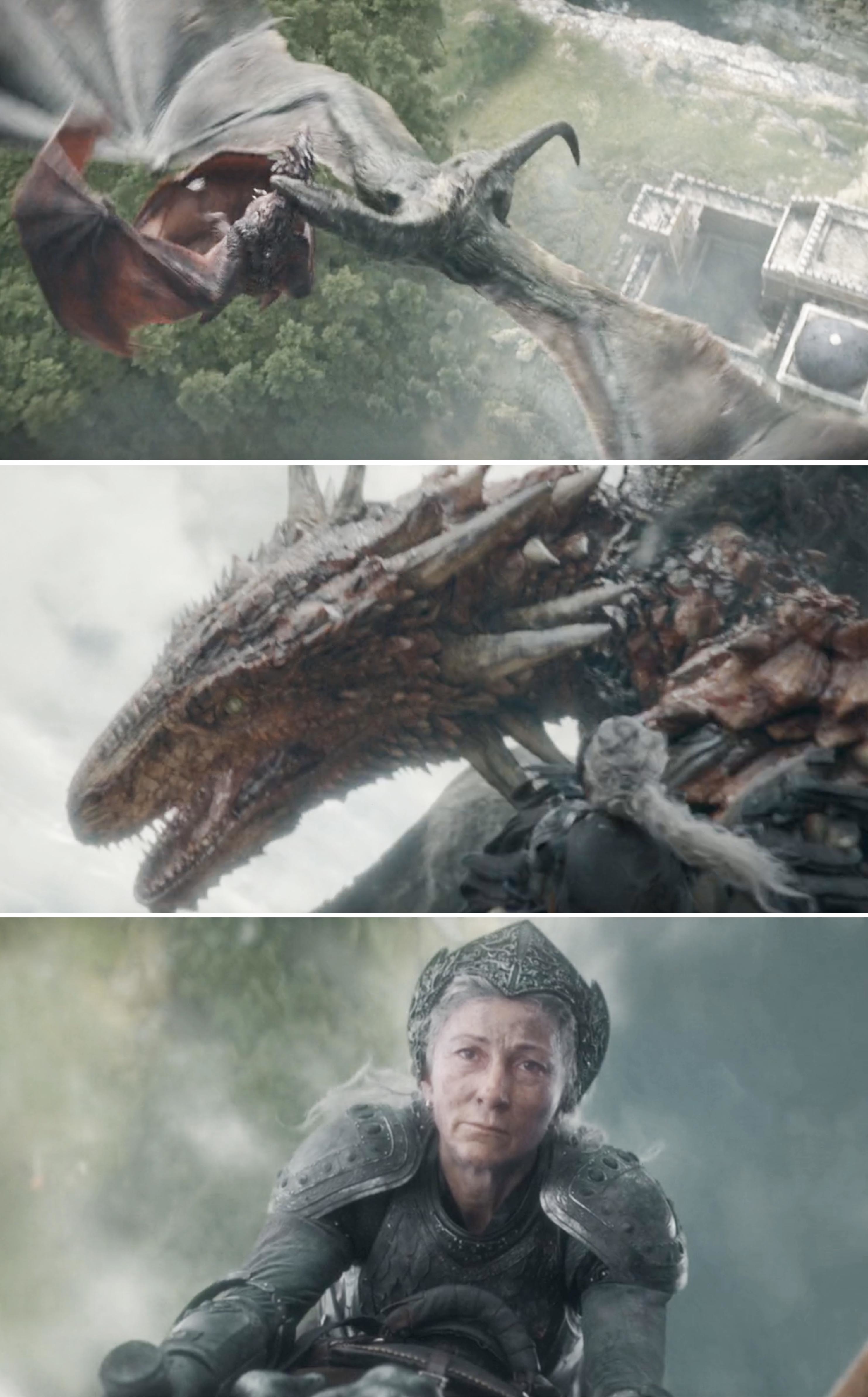 Rhaenys riding her dragon in the air