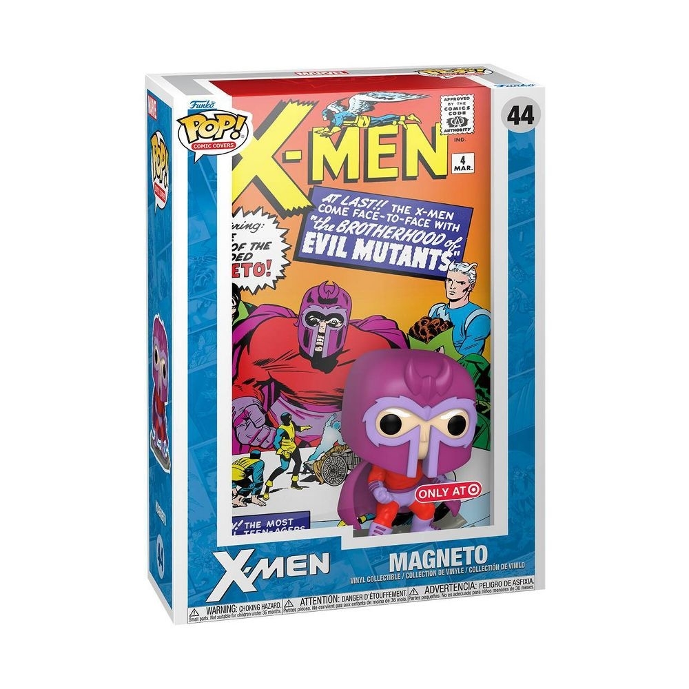 Funko Pop! figure of Magneto from X-Men, packaged in a box showcasing a comic book cover featuring Magneto and other X-Men characters. This is a Target exclusive
