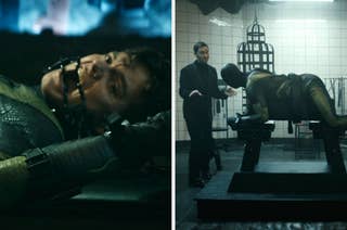 Tom Hiddleston as Loki restrained and gagged in a dark room; in another scene, Loki is laying on a table with hands and legs bound, talking to Owen Wilson as Mobius