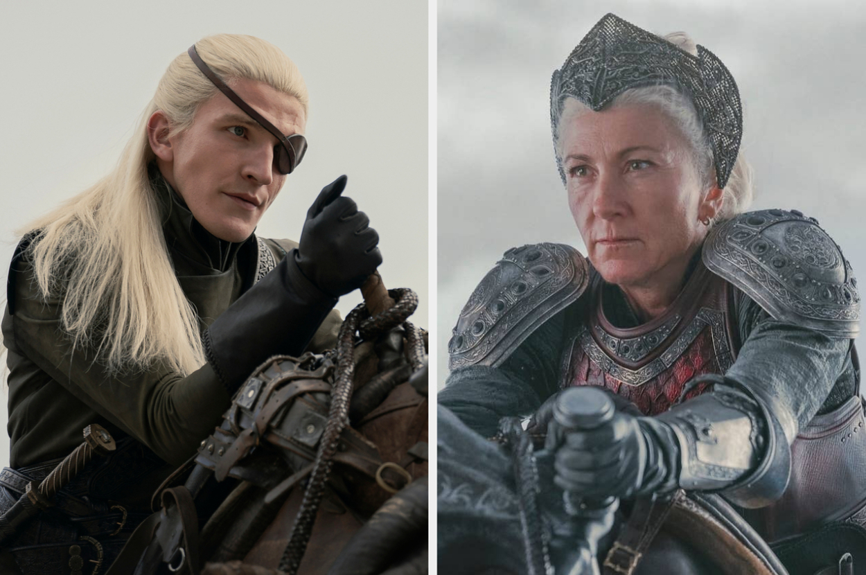 HBO's House of the Dragon characters: Daemon Targaryen with an eye patch rides a horse next to Rhaenys Targaryen in armor and a crown, also on a horse