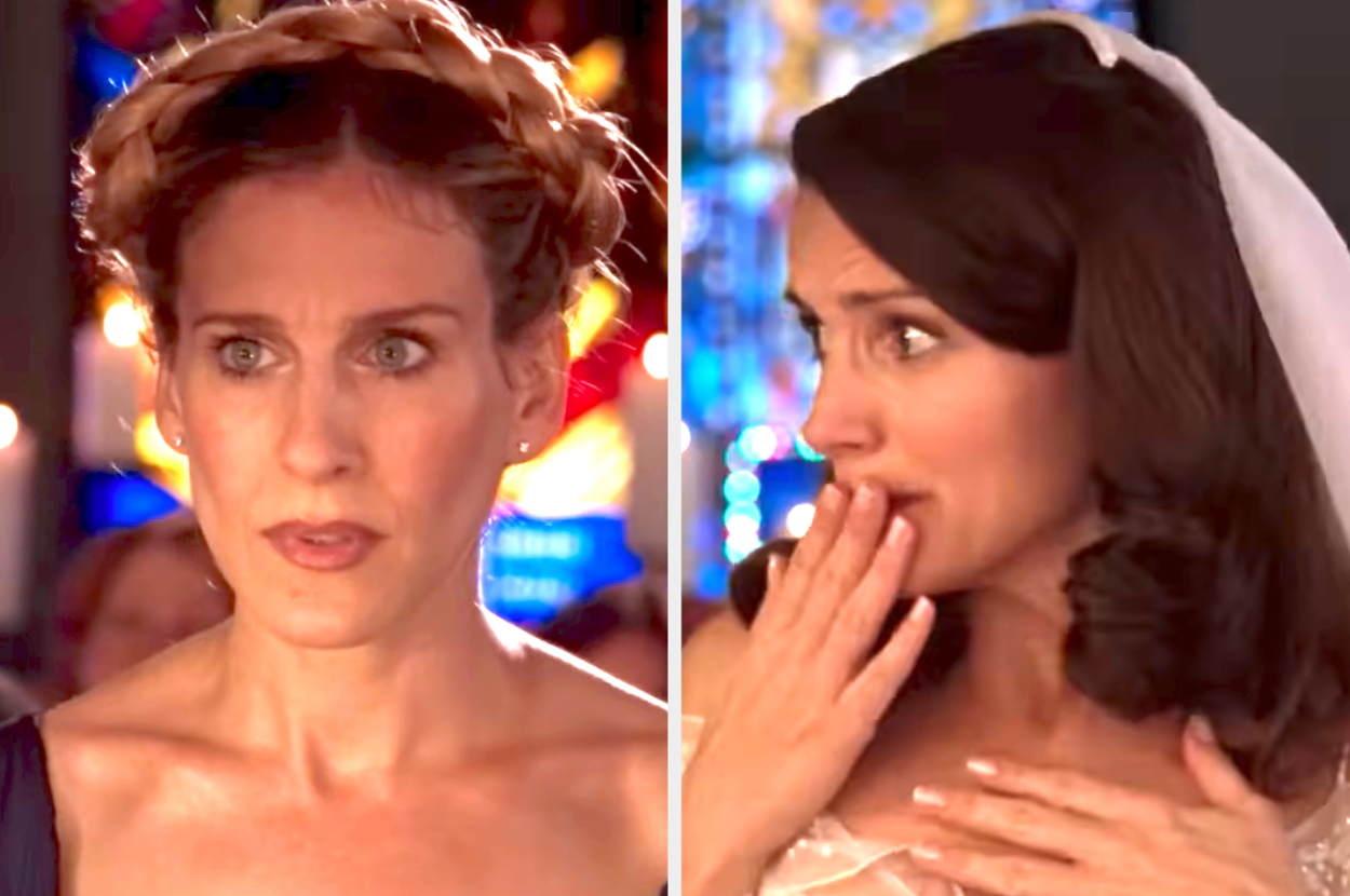 Sarah Jessica Parker, with braided hairstyle, and Kristin Davis, wearing a veil, appear in wedding scene from "Sex and the City" with expressions of concern