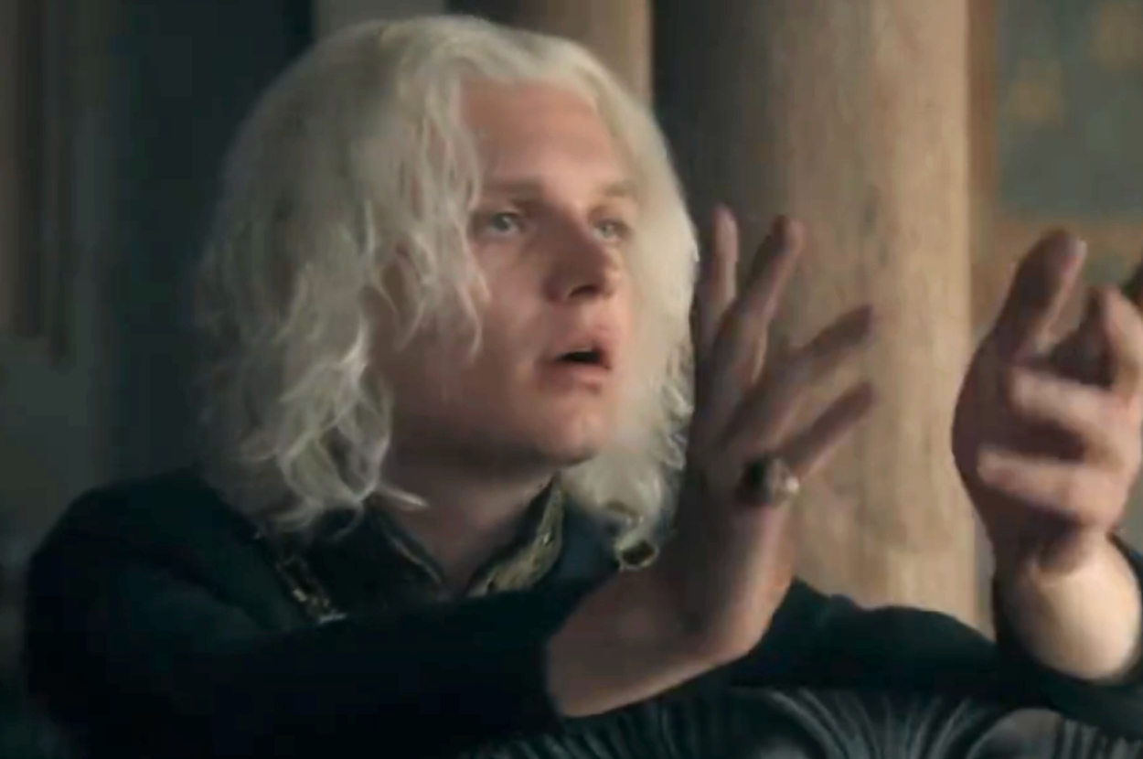 Aegon from House of the Dragon throwing up his hands in exasperation