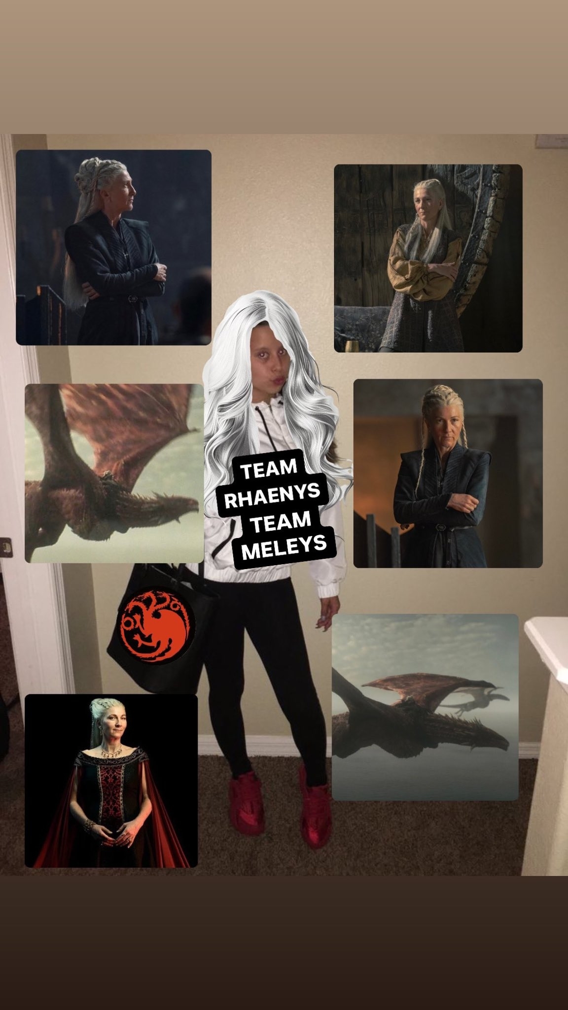 Persona disfrazada de Rhaenys Targaryen con siete imágenes de Rhaenys Targaryen y el dragón Meleys alrededor. Texto: "Team Rhaenys Team Meleys"