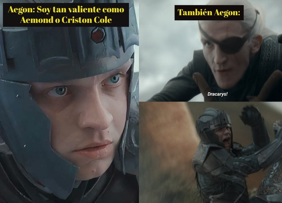 Montaje de tres escenas de la serie "House of the Dragon" con personajes hablando sobre ser valientes. Texto: "Aegon: Soy tan valiente como Aemond o Criston Cole" y "También Aegon: Dracarys"