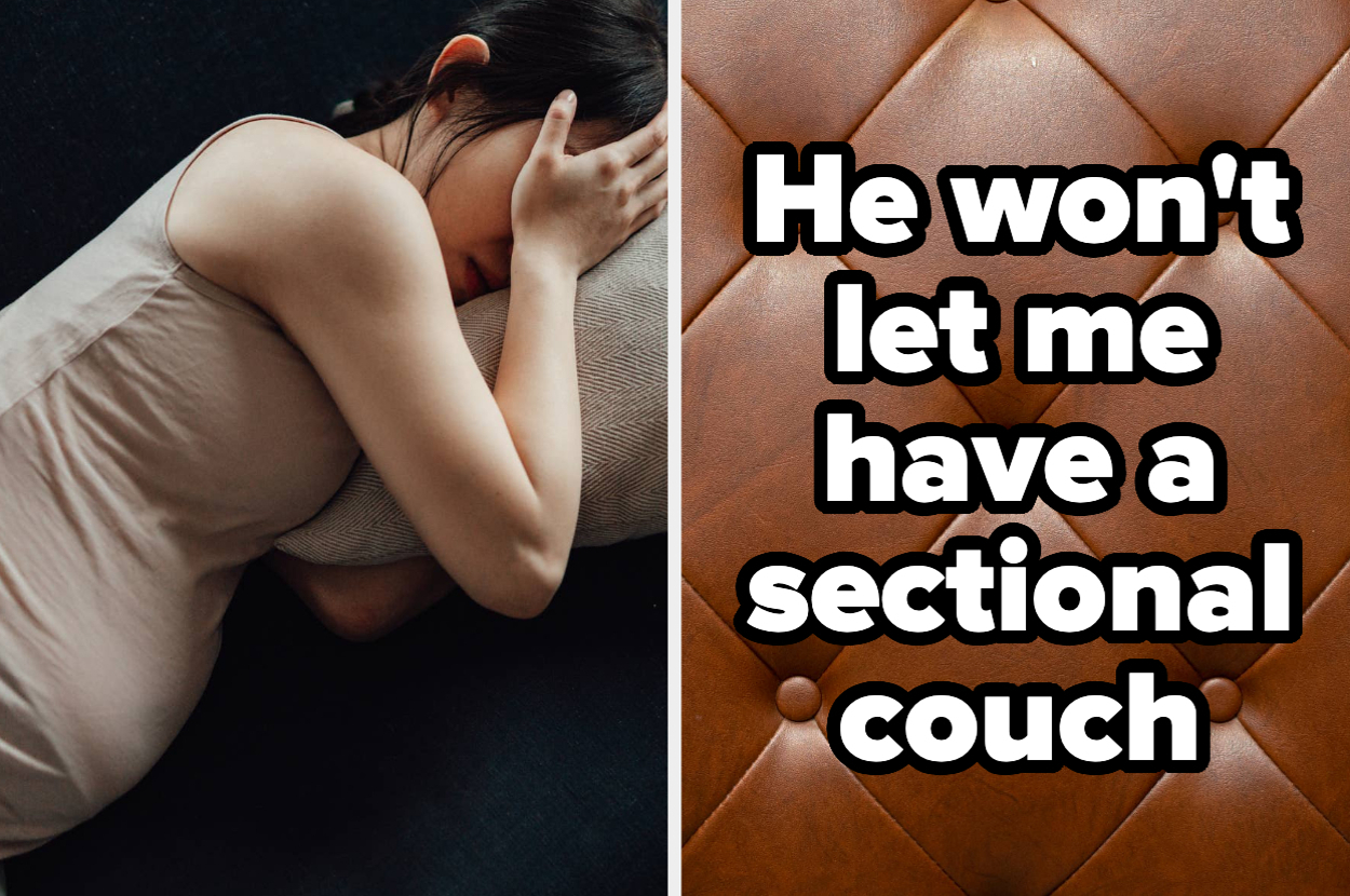 A person lies on a couch, hand over their face. Text reads: "He won't let me have a sectional couch."