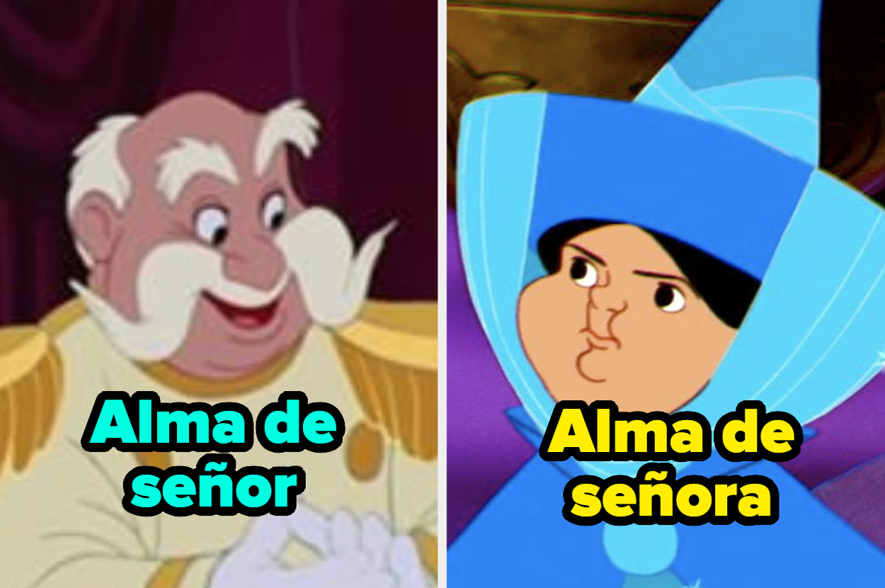A la izquierda, un personaje animado bigotudo con un traje elegante. A la derecha, un personaje animado con capa y sombrero azul. Texto: "Alma de señor" y "Alma de señora"