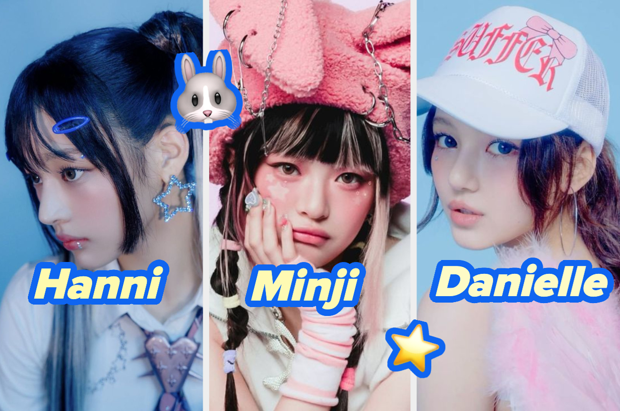 Hanni, Minji y Danielle posan en una sesión de fotos de moda temática de música. Hanni lleva accesorios de estrella, Minji usa un gorro rosa peludo y Danielle una gorra blanca