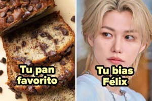 Felix posa con expresión seria; a su lado, en otra foto, hay rebanadas de pan casero con chispas de chocolate. Texto: "Tu pan favorito", "Tu bias Félix"