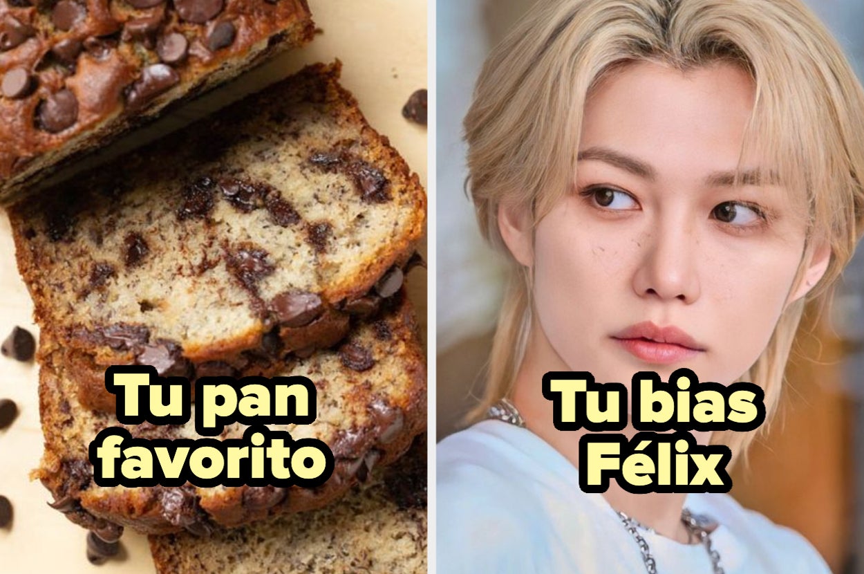 Felix posa con expresión seria; a su lado, en otra foto, hay rebanadas de pan casero con chispas de chocolate. Texto: "Tu pan favorito", "Tu bias Félix"