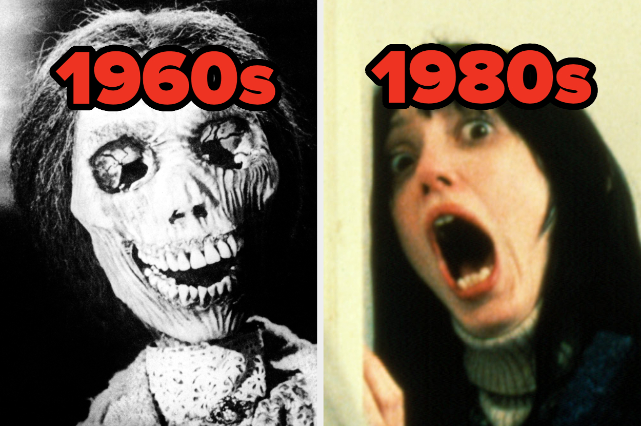 Left: 1960s horror skeleton with a decaying face. Right: Shelly Duvall as Wendy Torrance in a shocked expression from the 1980 film 