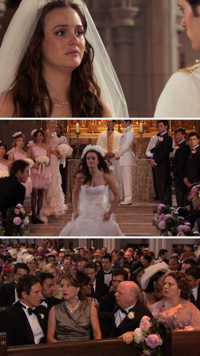 Leighton Meester in a wedding dress, visibly emotional, in a church setting with guests. She appears to be walking down the aisle in the second image