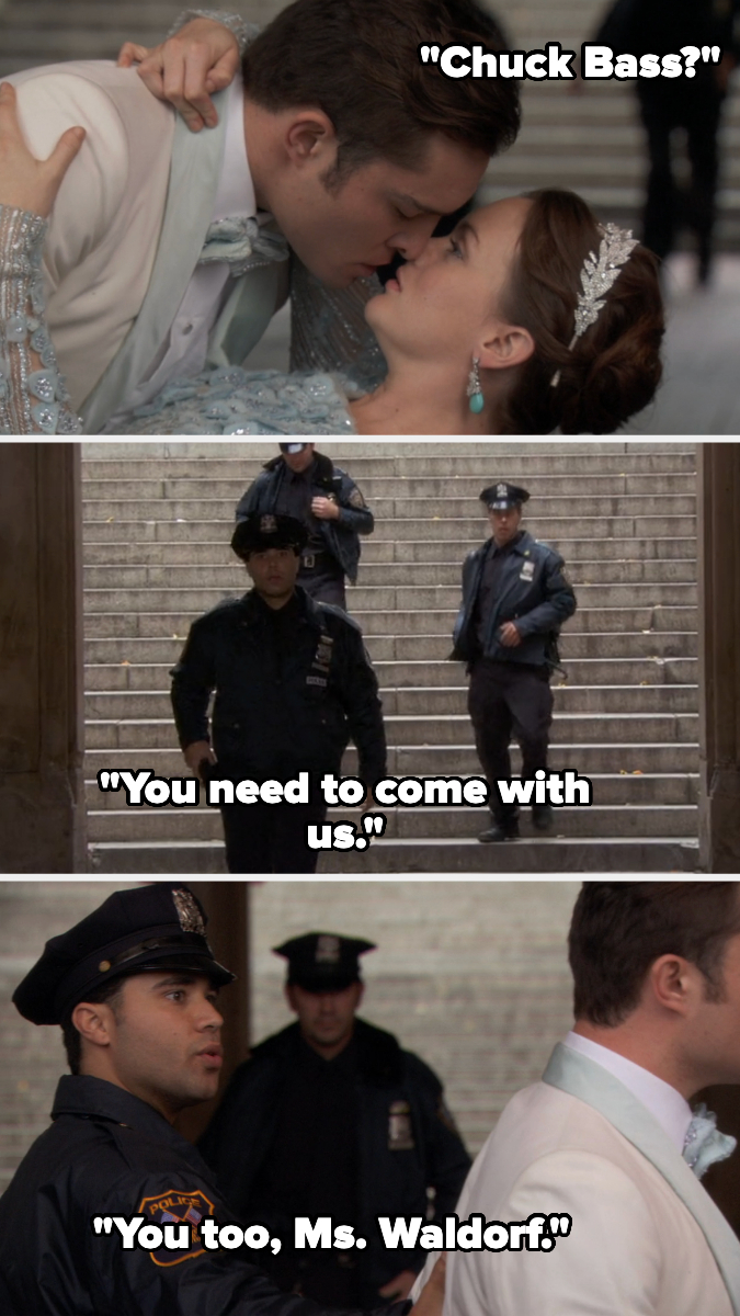 Three scenes from a TV show: Chuck Bass and Blair Waldorf kiss; two police officers walk down stairs; one police officer speaks to Blair Waldorf and Chuck Bass