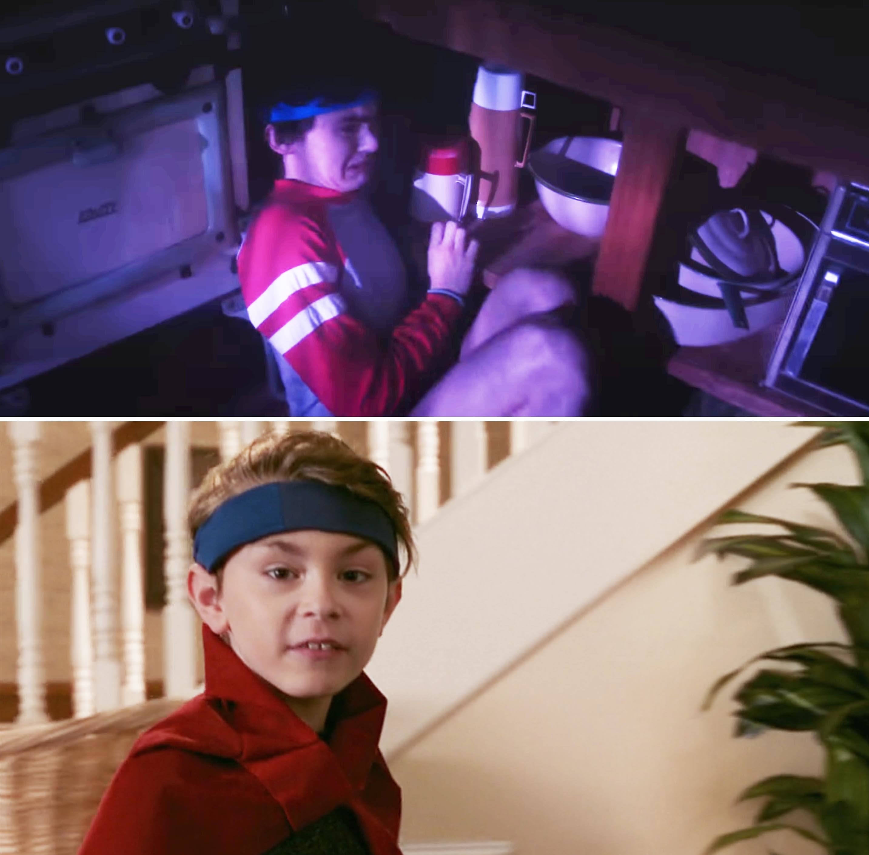 Top: Young boy in athletic clothing, hiding under a table.
Bottom: Same boy, now in a red costume, looking back indoors