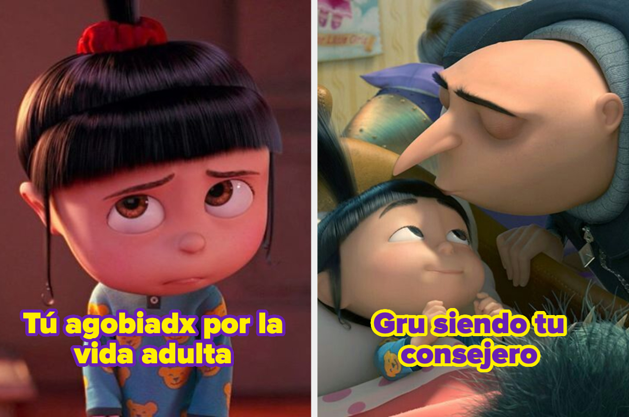 Imagen dividida en dos: Izquierda: niña con expresión cansada, texto "Tú agobiadx por la vida adulta". Derecha: hombre calvo y niña abrazados, texto "Gru siendo tu consejero"