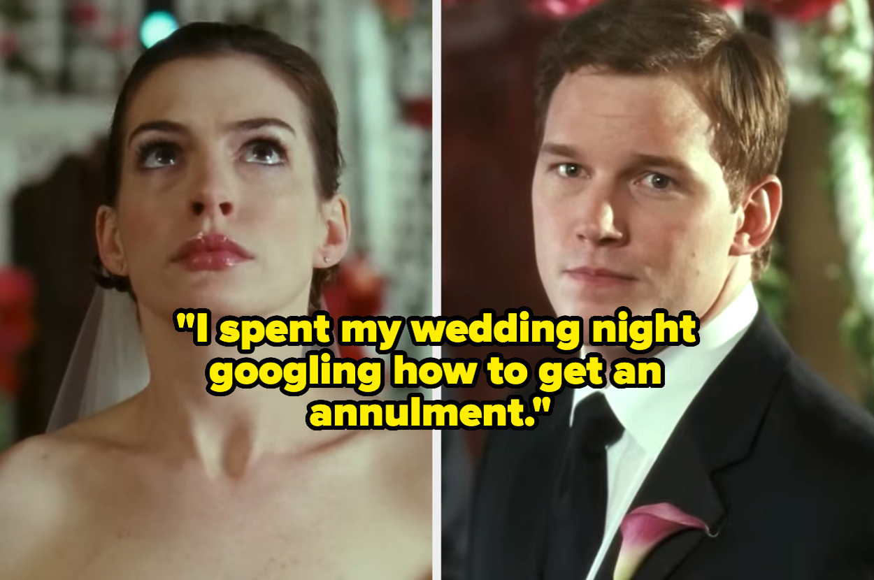 Anne Hathaway and Chris Pratt, dressed in wedding attire, with an overlaid quote, "I spent my wedding night googling how to get an annulment."