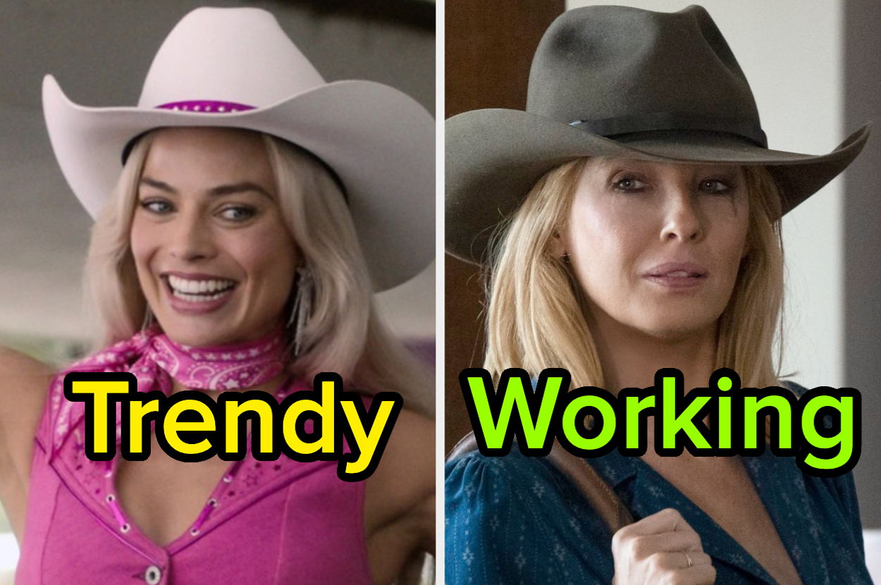 Margot Robbie and Kelly Reilly wear cowgirl hats. Margot Robbie is in trendy, colorful attire. Kelly Reilly wears practical, working attire