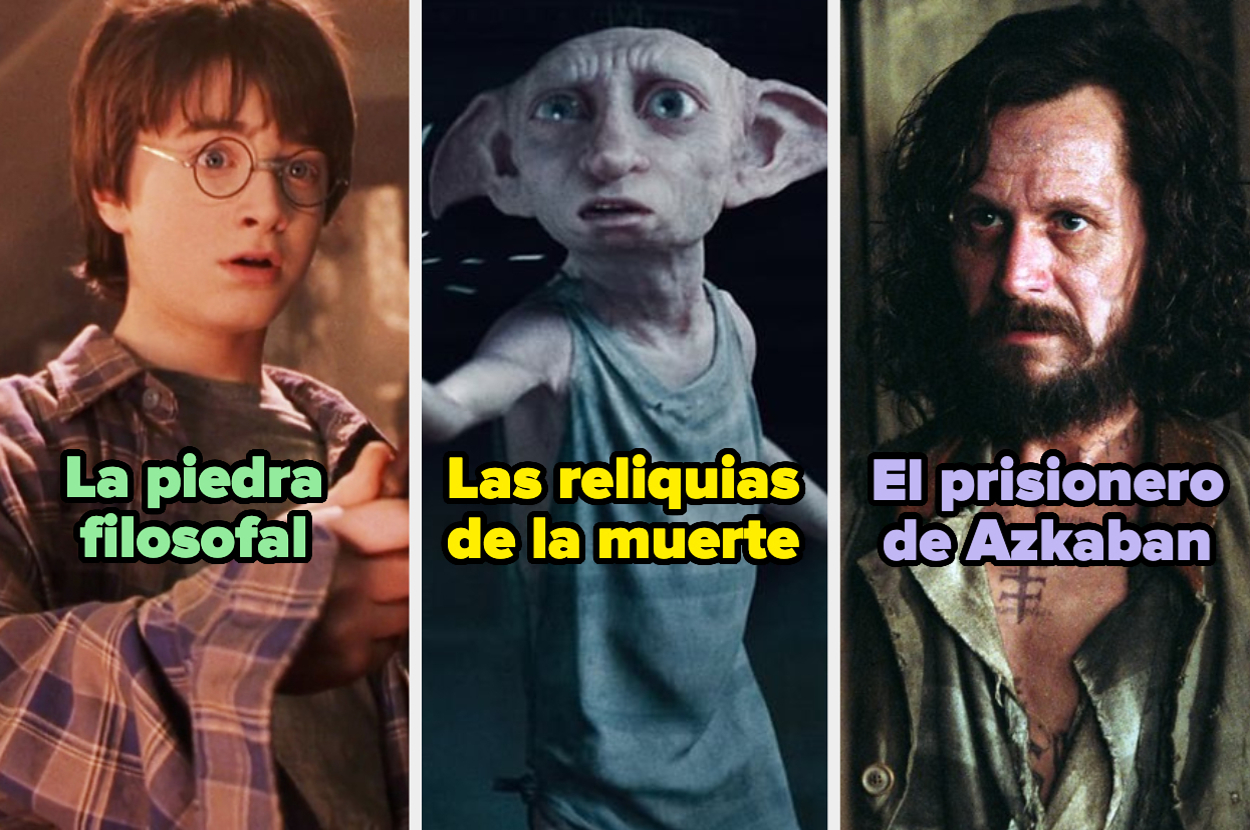 Harry Potter sosteniendo un libro, Dobby con expresión determinada, Sirius Black con apariencia descuidada, y texto: "La piedra filosofal", "Las reliquias de la muerte", "El prisionero de Azkaban"