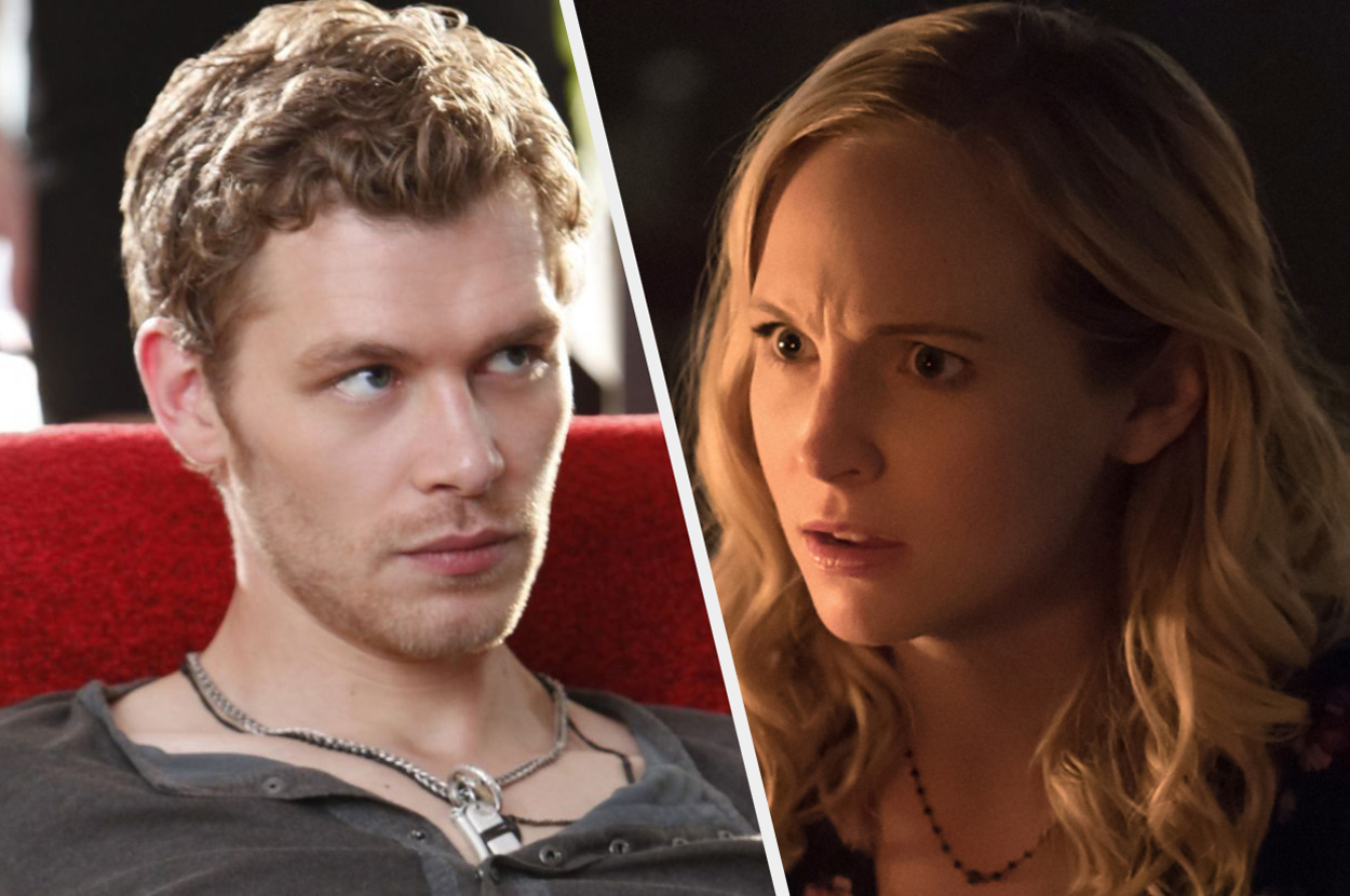 Joseph Morgan and Candice King shown in a dramatic scene split image. Joseph looks serious, wearing a necklace, and Candice appears concerned