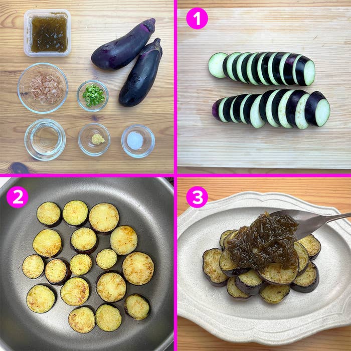調理手順の画像。ステップ1: ナスのスライス。ステップ2: フライパンでナスを炒める。ステップ3: 皿に盛られたナスにもずく酢をかける。