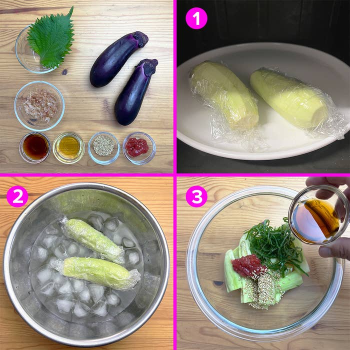 画像のコラージュ。1. 材料：なす、調味料。2. ラップされたなすが氷水に。3. なすに調味料が加えられている。
