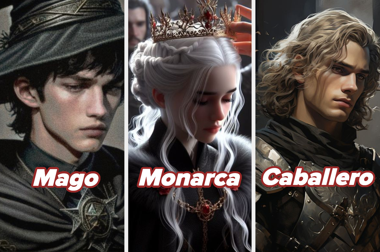 Mago con sombrero y varita, monarca con corona y manto, y caballero con armadura. Texto: "Mago", "Monarca" y "Caballero"