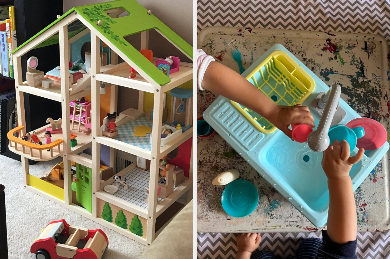 On the left, a detailed dollhouse with furnished rooms and small dolls; on the right, a child's hands wash toy dishes in a play sink