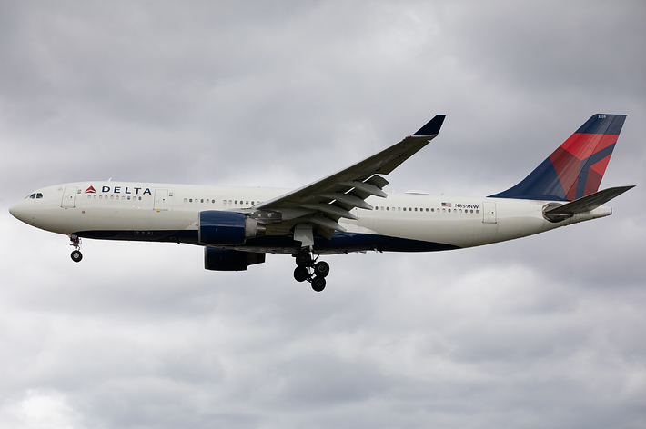 デルタ航空の旅客機が飛行中。背景には曇り空。