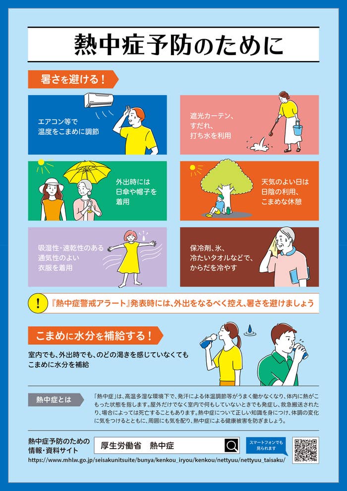 熱中症予防のための対策を紹介するポスター。エアコン使用や水分補給、涼しい服装、日陰での休憩などが勧められている。