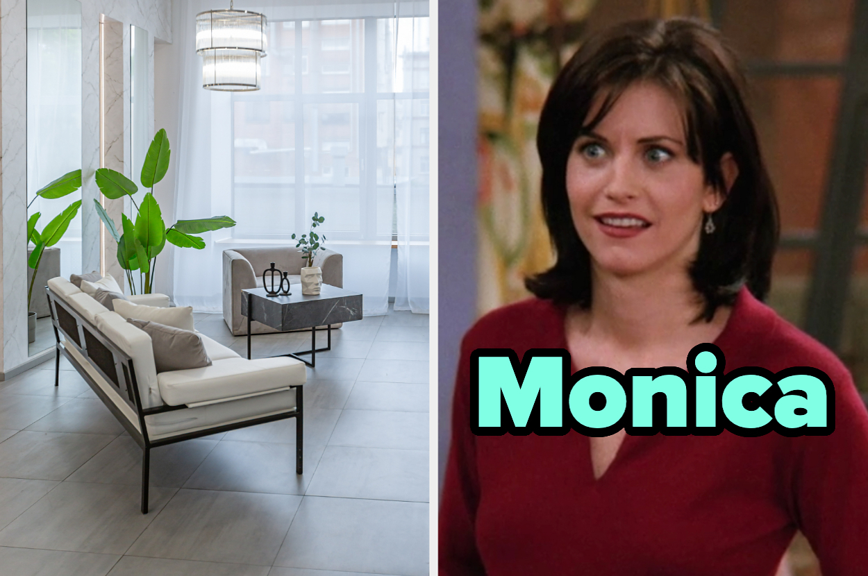 On the left, a living room with minimalist furniture, and on the right, Monica from Friends