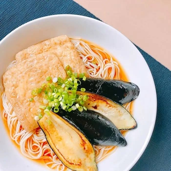 白皿に盛られたうどん。焼きナス、厚揚げ、刻みネギが上に載っている。スープが少量かかっている。