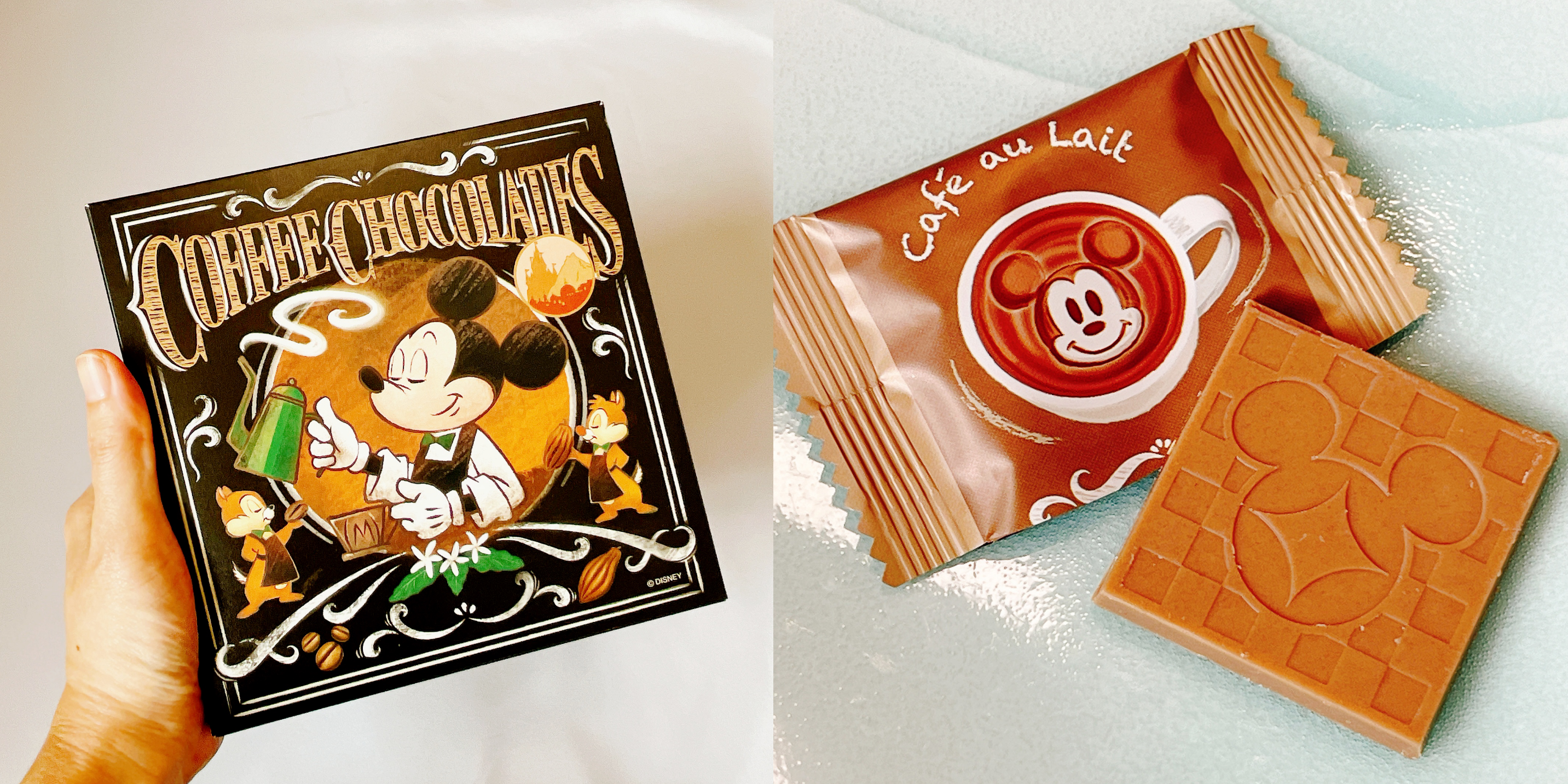 箱とチョコレートの写真。箱にはミッキーマウスが描かれており、右にはカフェオレ味のチョコの包装とミッキーマウスの形をしたチョコ。