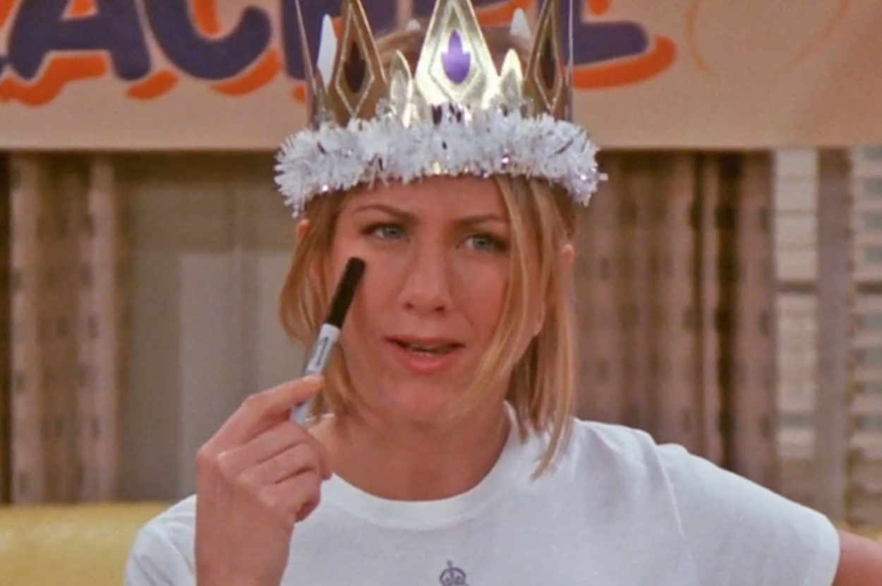 Rachel from Friends with a puzzled expression on her face