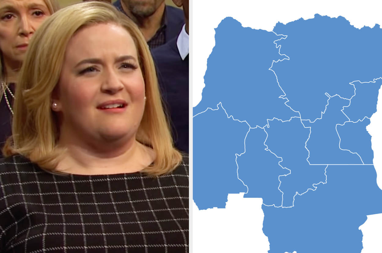 On the left, Aidy Bryant furrowing her brows in confusion on an SNL sketch, and on the right, a map of the Democratic Republic of the Congo