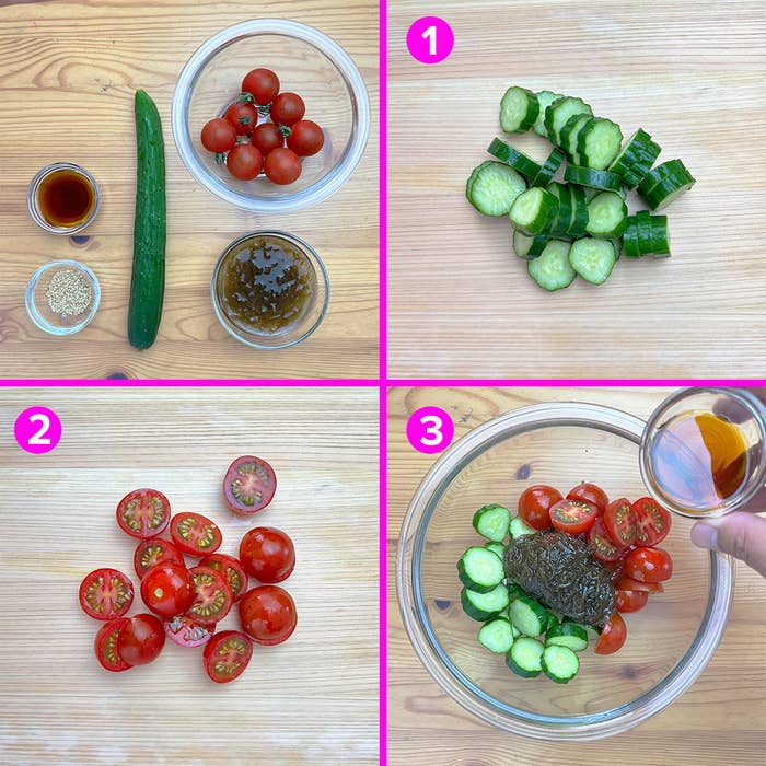 調味料と野菜（キュウリ、ミニトマト）を使用したレシピのステップが順に示されている。