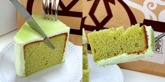 フォークとナイフで切られるスポンジケーキのクローズアップ。クリームとスポンジ層が特徴です。