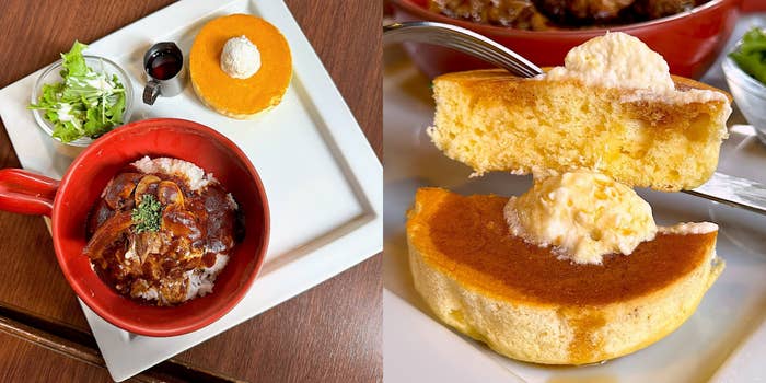 星乃珈琲のおすすめフード「ビーフシチューハンバーグライス＆パンケーキプレート」