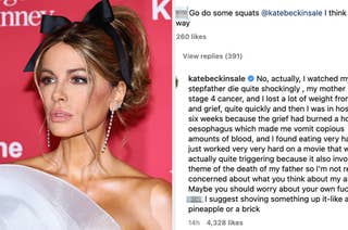 Kate Beckinsale in a strapless gown with a high bun hairstyle and a large bow, addressing a critic's comment on Instagram