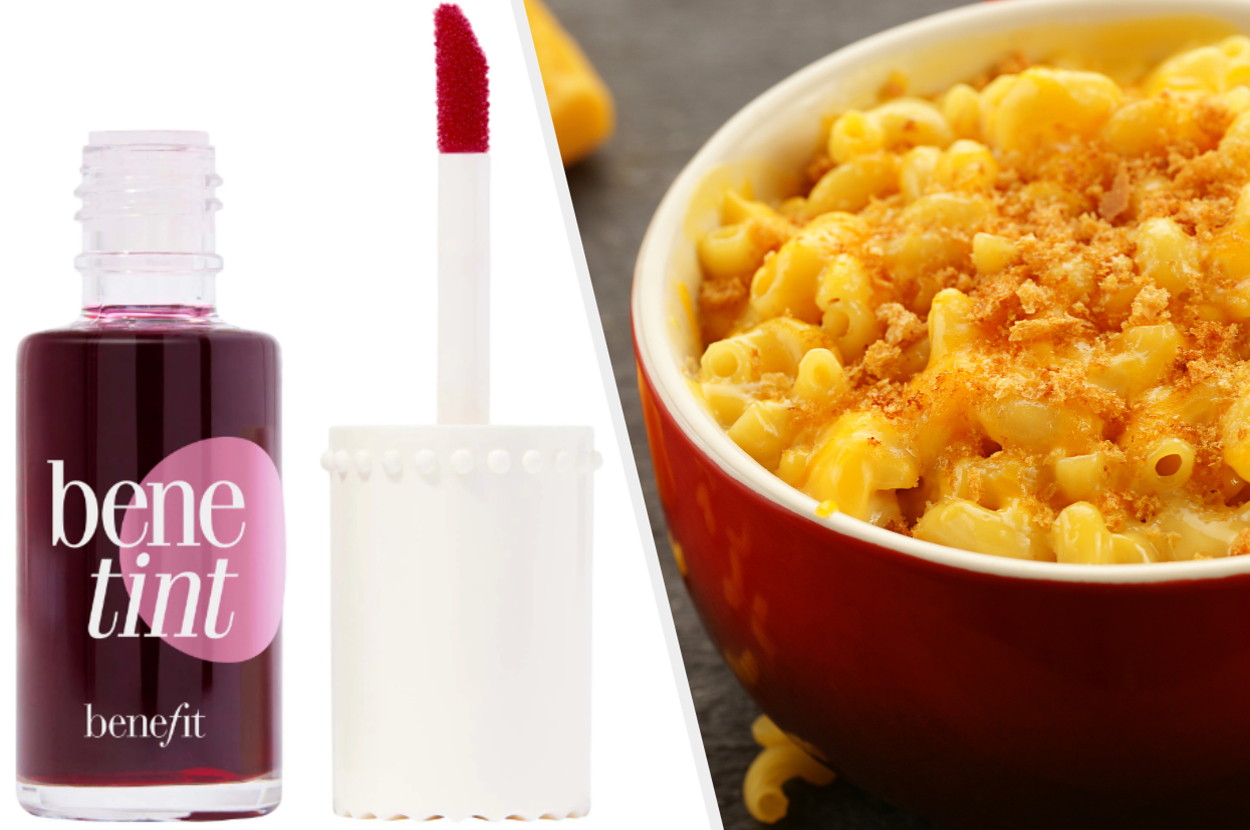 Close-up of an open Benetint lip tint bottle with applicator next to a bowl of macaroni and cheese topped with breadcrumbs