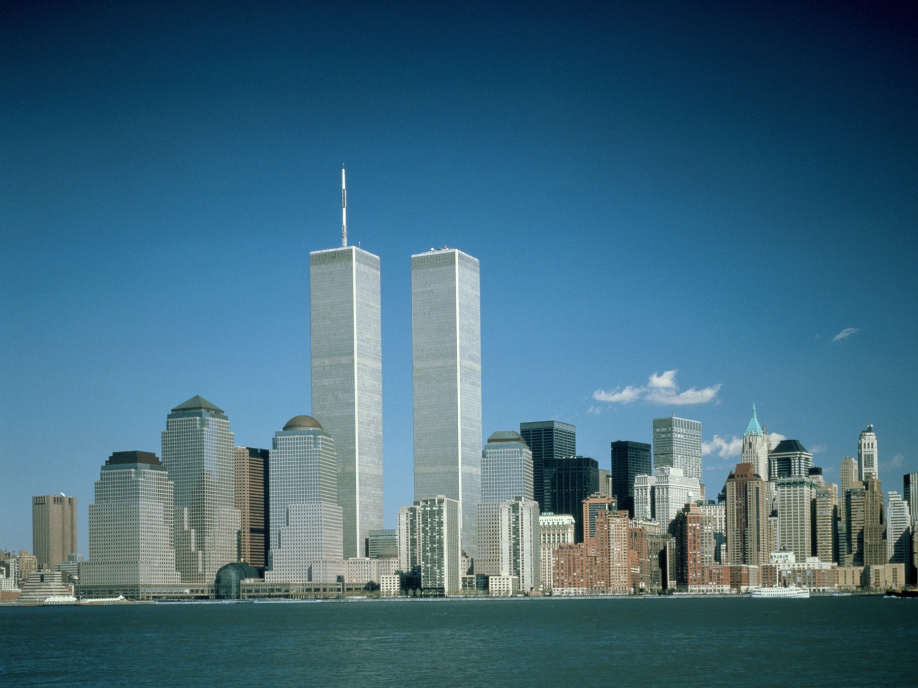 A photo of the New York City skyline featuring the Twin Towers of the World Trade Center before they were destroyed