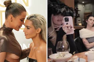 Khloé Kardashian and Kim Kardashian in leather outfits on the left, Khloé Kardashian taking a selfie at a restaurant on the right.
