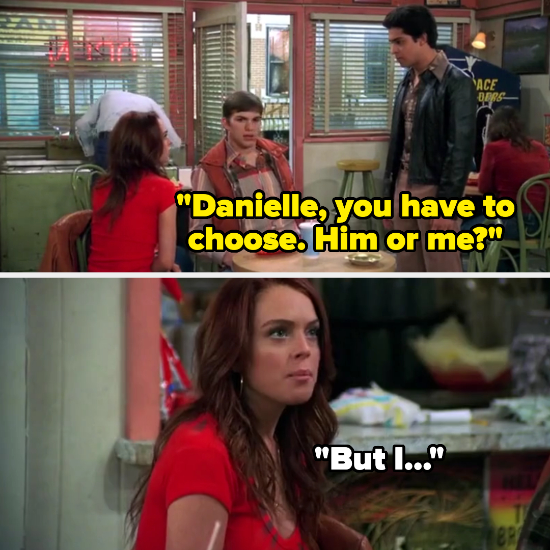 Top image: Man stands and speaks to a woman seated at a diner, saying "Danielle, you have to choose. Him or me?" Bottom image: Woman in red shirt responds, "But I…"