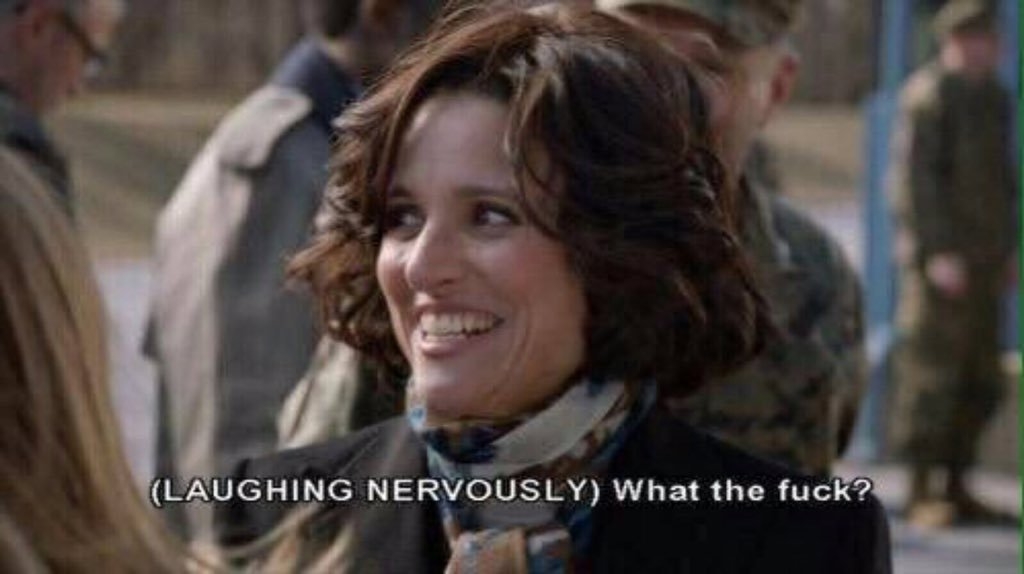 Julia Louis-Dreyfus in a scene from "Veep", smiling with the subtitle "(LAUGHING NERVOUSLY) What the fuck?" visible below