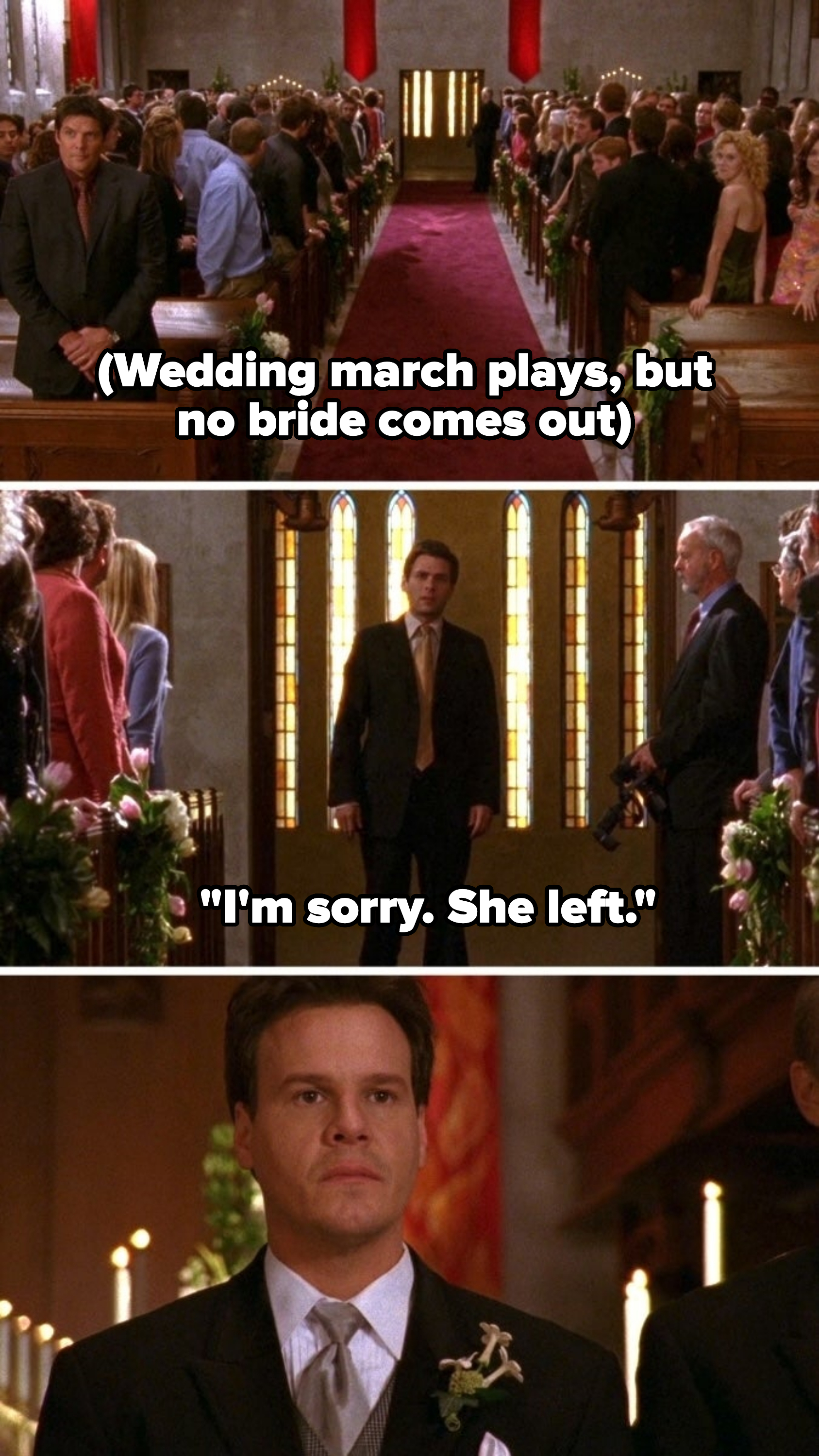 Three images show a wedding ceremony. At the altar, a man waits. In the middle aisle, another man stands at the entrance. The bride is not visible